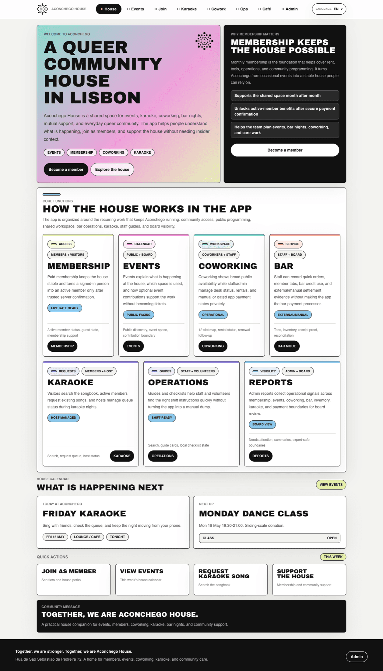 A vertical screenshot of the Aconchego House app concept showing membership, events, coworking, bar, karaoke, operations, and reports sections.